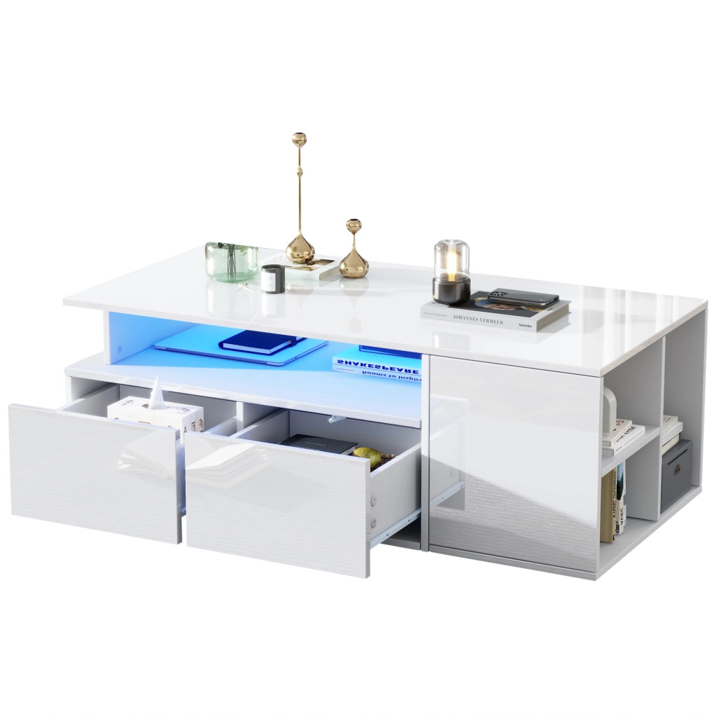 Tavolino da salotto bianco lucido 100 x 50 x 35 cm con LED; 2 cassetti e ripiani