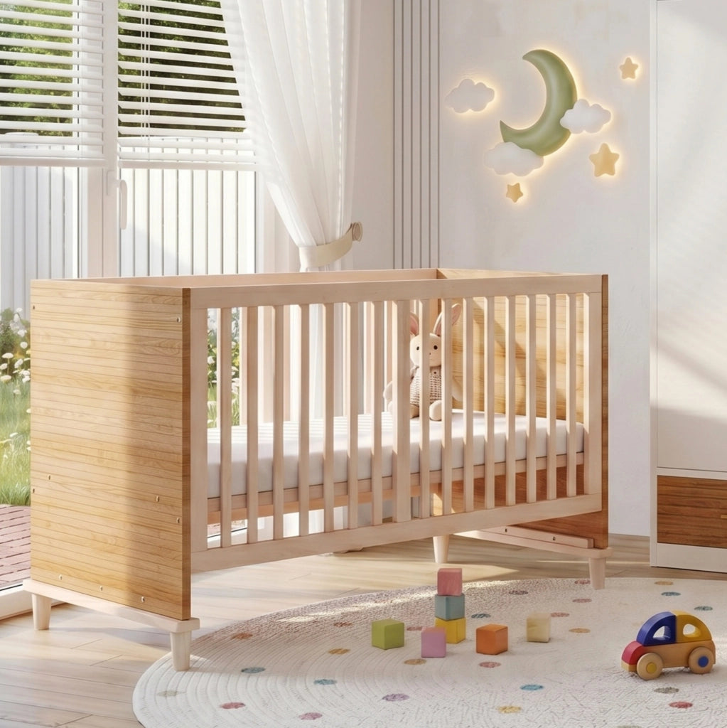 Letto a sbarre per bambini in legno con rete regolabile in 5 altezze colore naturale senza materasso