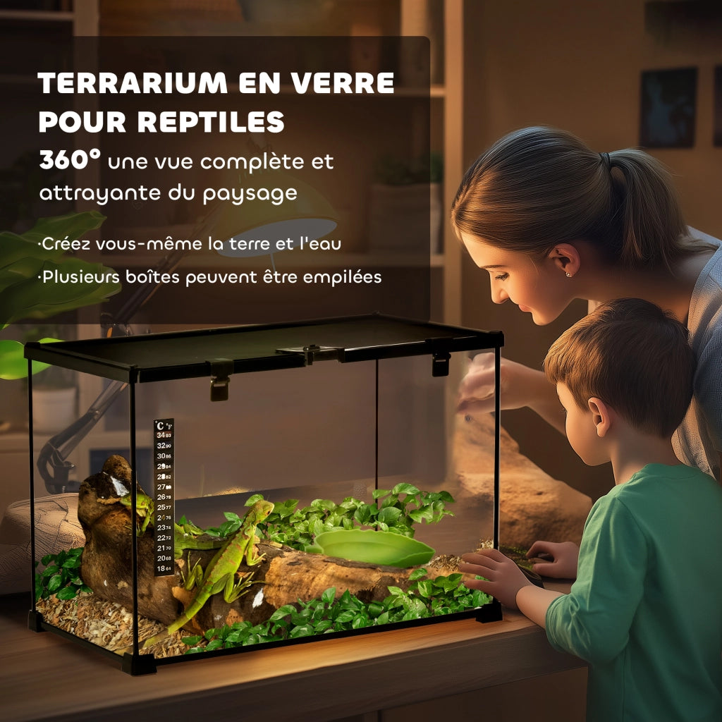 Terrario per rettili con coperchio scorrevole in rete metallica e termometro, scatola di allevamento robusta e pratica per piccoli animali