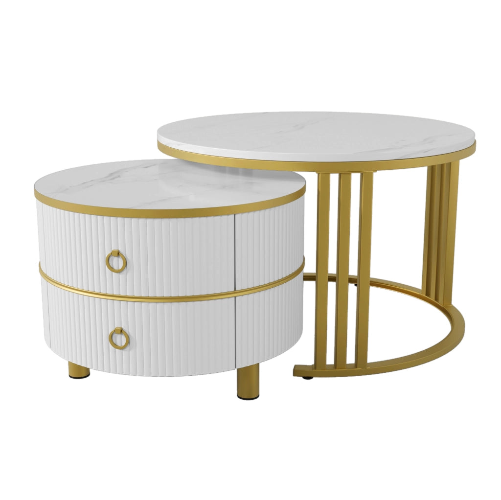Set di 2 tavolini da caff¨¨ rotondi 70x70 e 50x50 cm in MDF con 2 cassetti