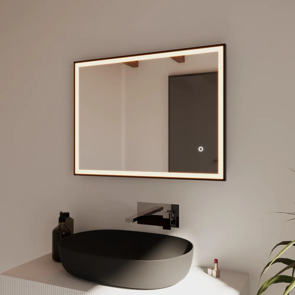 Specchio led 70x100cm con cornice nero opaco luce calda, neutra, fredda antiappannamento e reversibile | Sargas