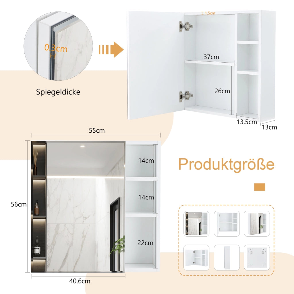 Armadietto da bagno sospeso con anta a specchio in vetro di sicurezza e vani interni in MDF bianco
