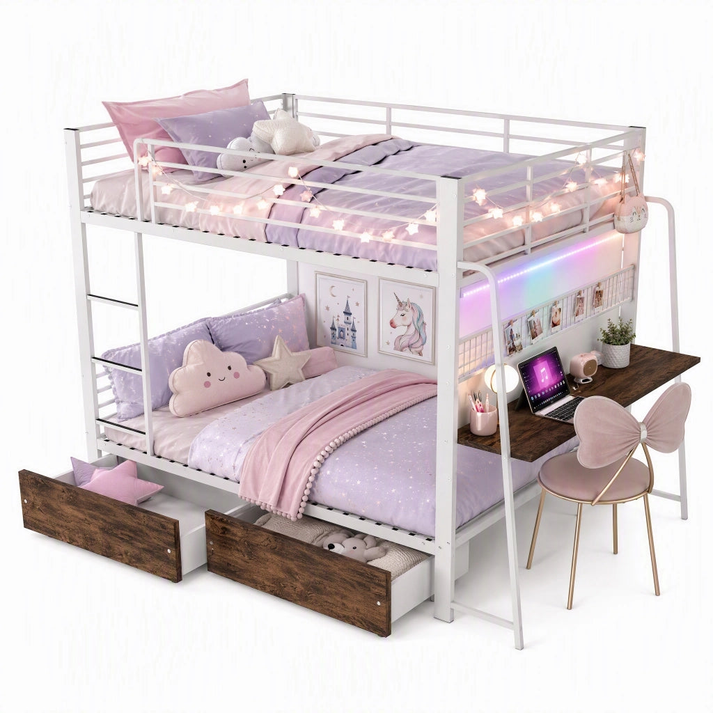 Letto a soppalco 140 × 200 cm con scrivania LED RGB prese USB Type-C 2 cassetti in metallo e MDF bianco opaco