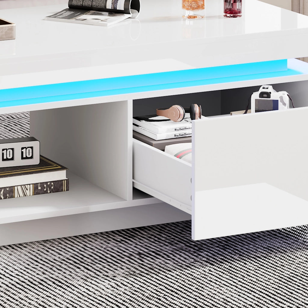 Tavolino da salotto con LED e cassetto portata 50 kg in pannello di particelle bianco lucido 100 × 50 × 40.3 cm
