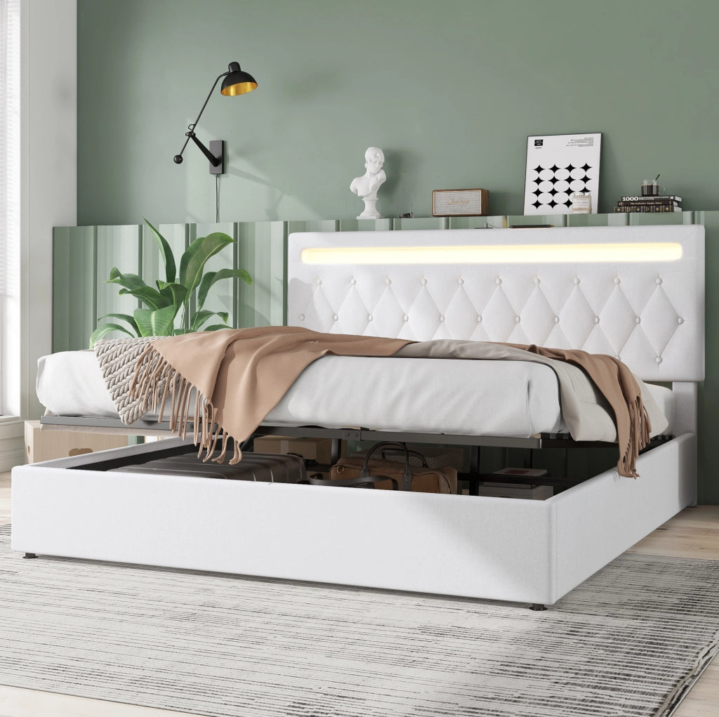 Letto matrimoniale imbottito 180x200 cm con sollevamento idraulico, illuminazione ambientale a LED e porta USB, colore bianco