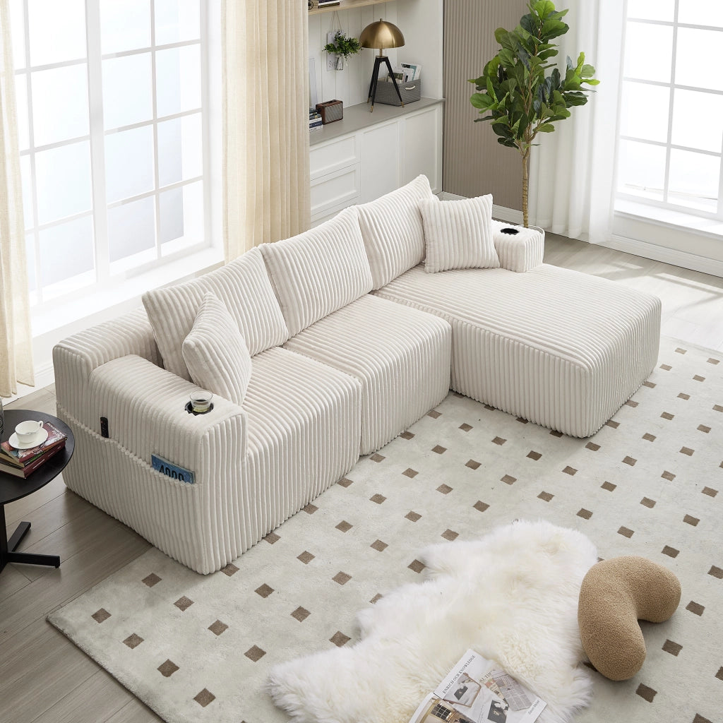 Set divano beige in velluto a coste con chaise longue, modulo 2 posti e 5 cuscini