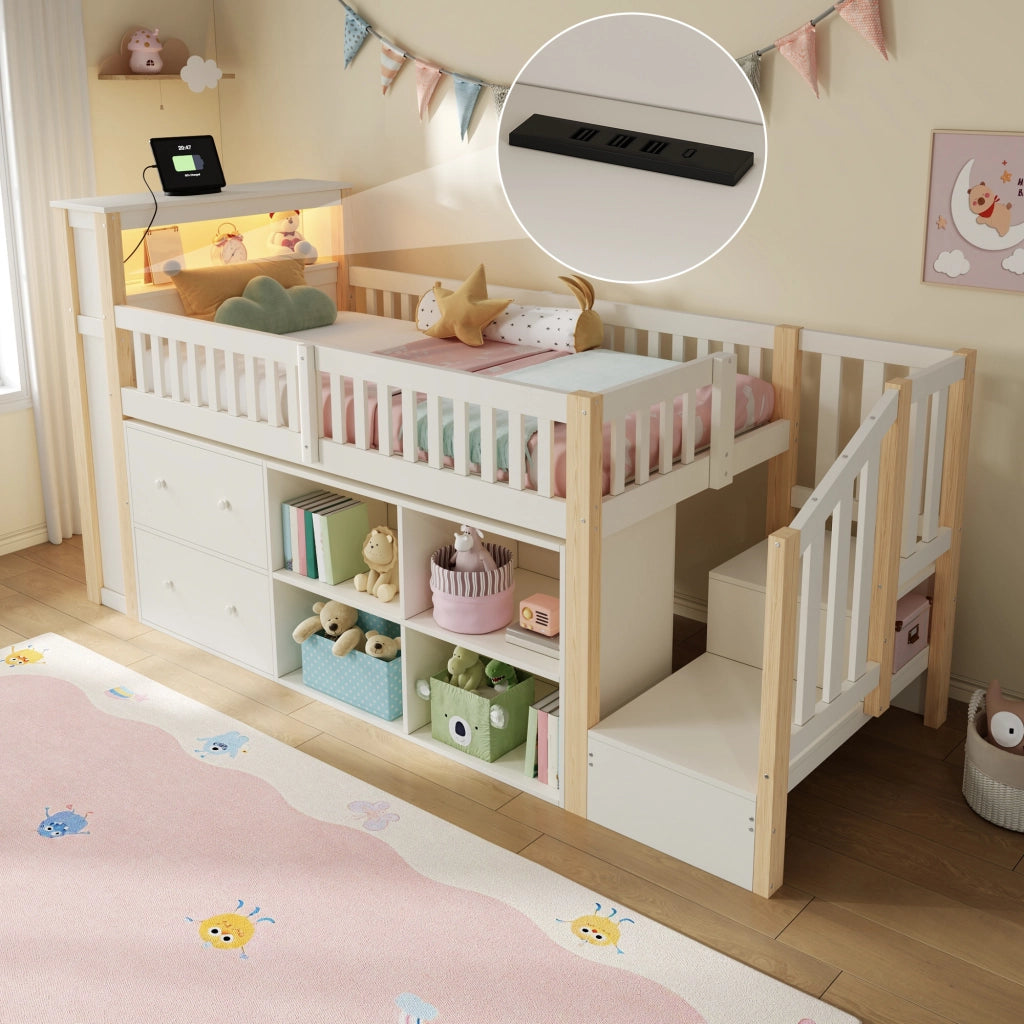 Letto a soppalco 90 × 200 cm con scrivania scale contenitore LED USB e USB-C in pino e MDF naturale