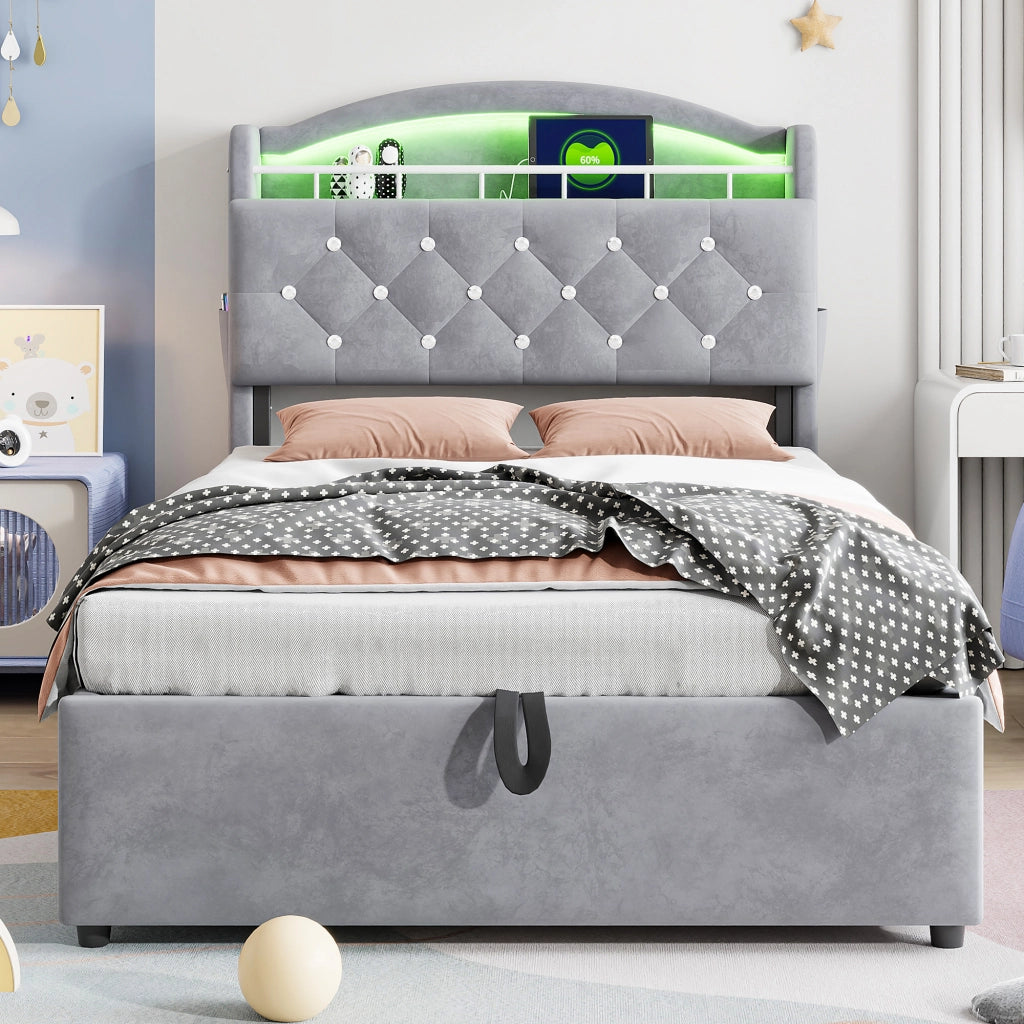 Letto imbottito per bambini 90x200; contenitore con LED e prese USB; velluto grigio