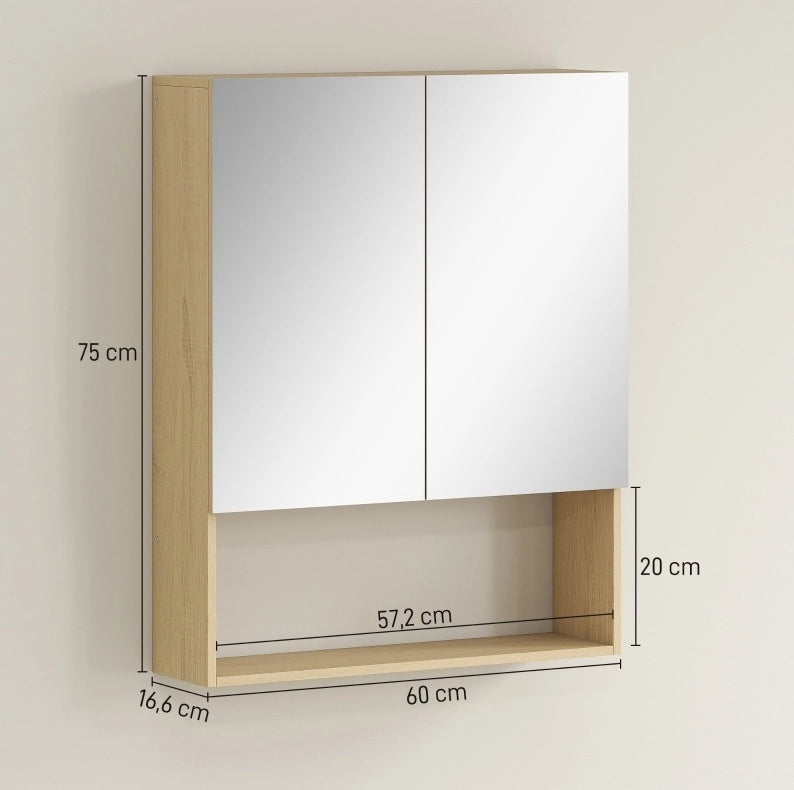 Armadio bagno con specchi doppi, ripiano aperto, montaggio a parete in MDF effetto quercia, 60x16,6x75 cm