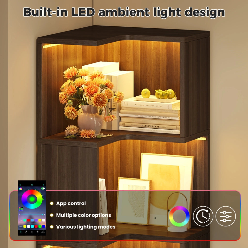 Libreria angolare a L con 4 ripiani aperti e 2 cassetti LED controllati da app in MDF marrone 45 × 43.5 × 180 cm