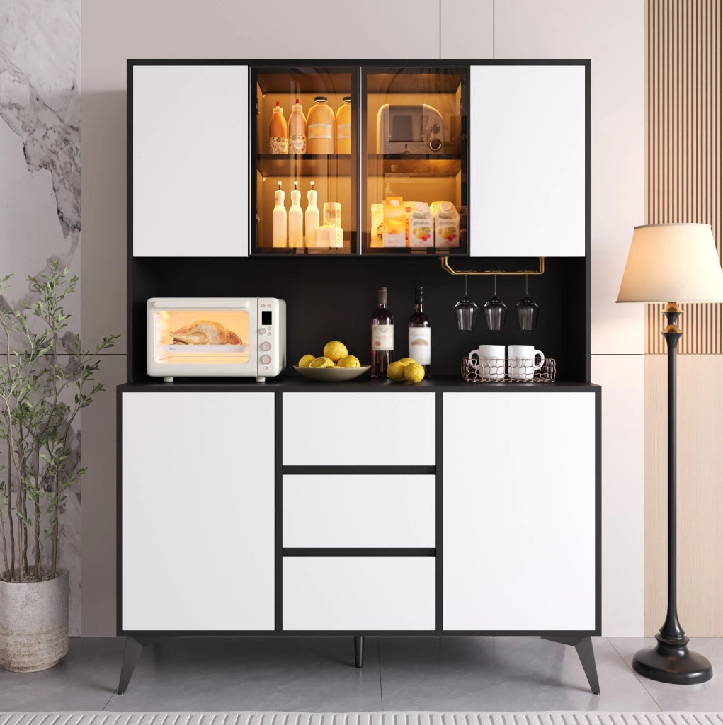 Credenza alta 120 cm con vetrina LED e portabicchieri