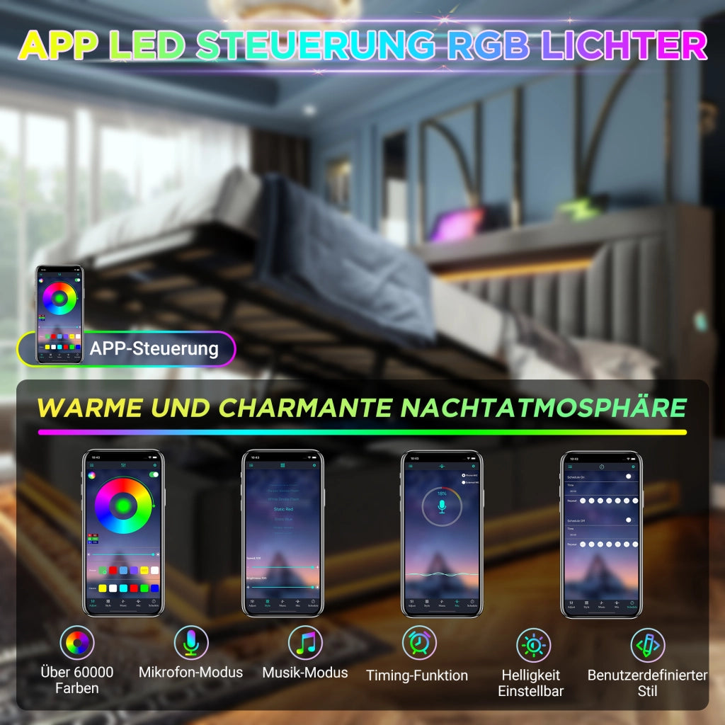 Letto matrimoniale 140 × 200 cm contenitore con materasso lino grigio LED USB e Type-C