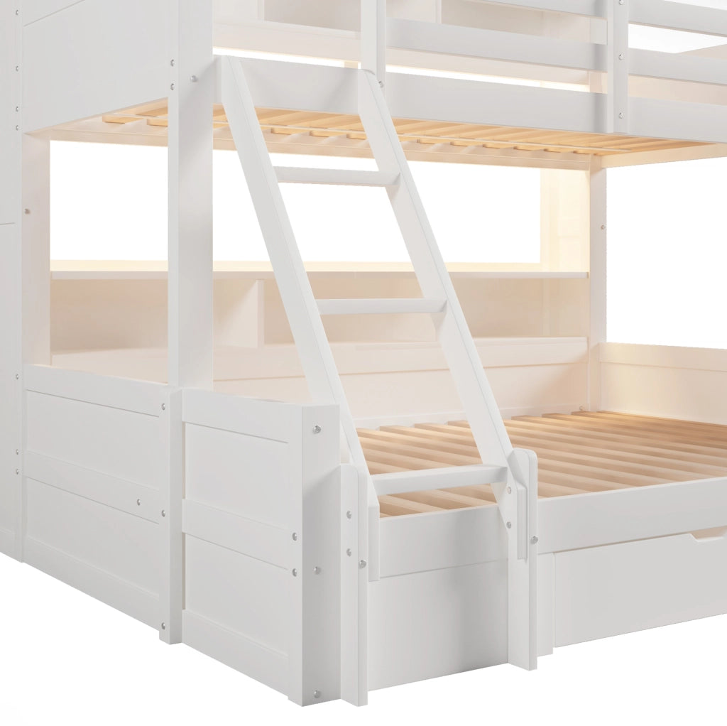 Letto a castello 90x200 e 140x200 cm con LED, cassetto e ripiani bianco