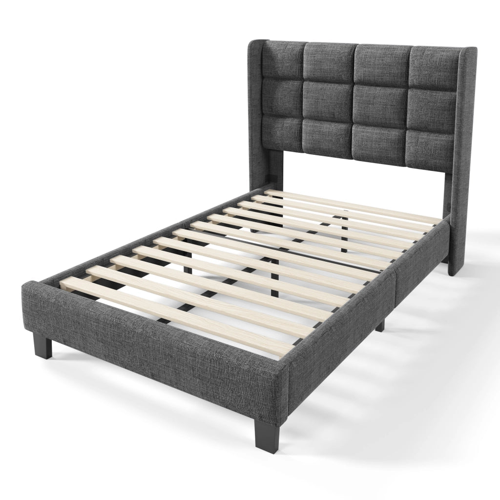Letto singolo 90 × 200 cm con testiera imbottita in lino grigio rete a doghe e struttura in acciaio