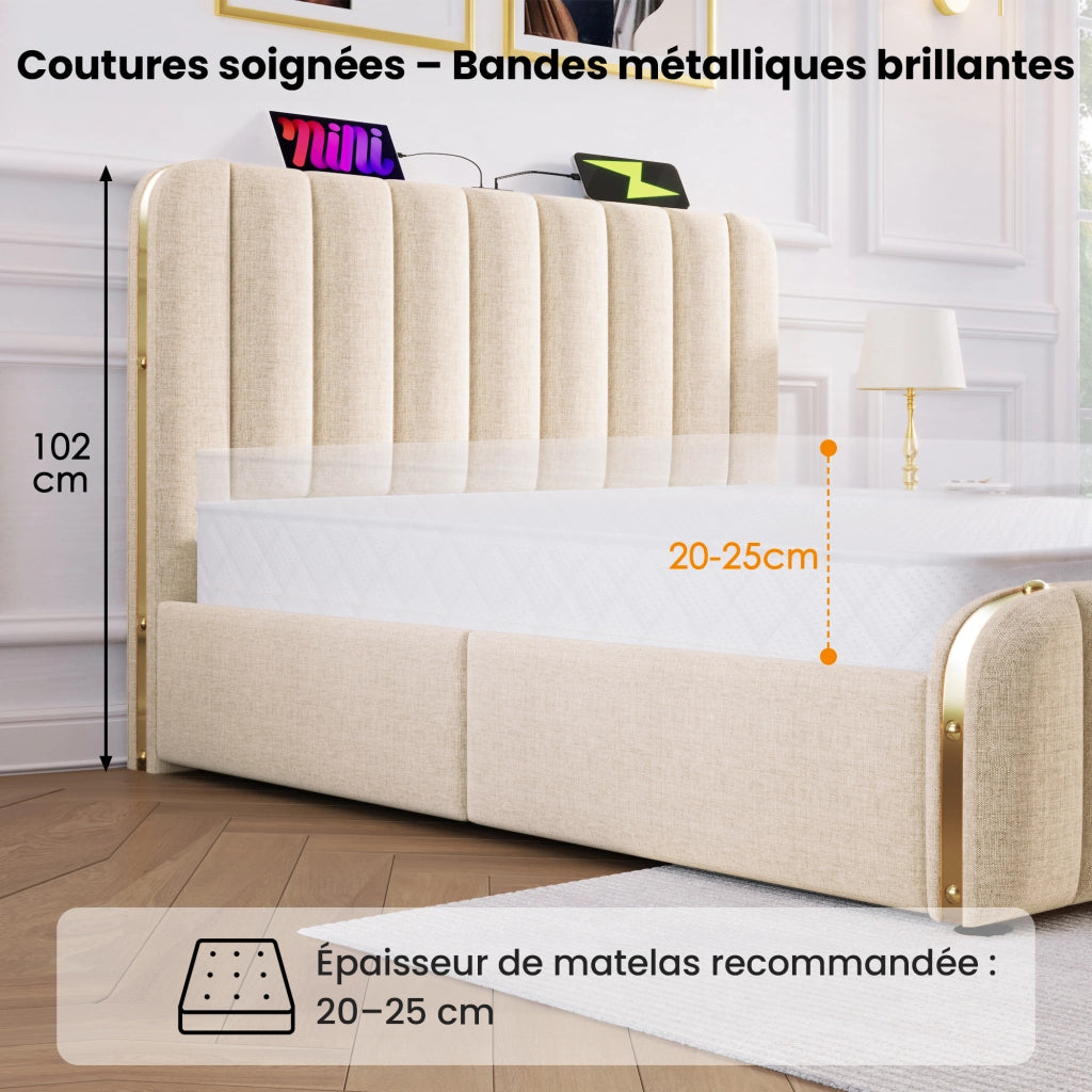 Letto contenitore singolo 90 × 200 cm con USB; Type-C e testiera imbottita; senza materasso; rivestito in lino beige