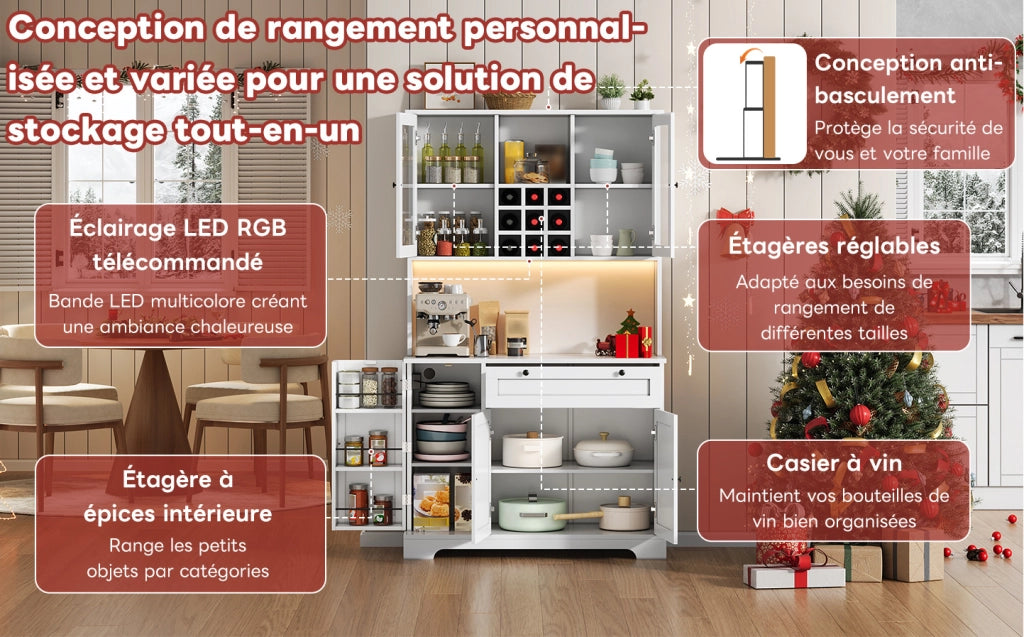 Mobile buffet con LED a cambio colore, ripiani regolabili, prese integrate, 180x105x40 cm, bianco e vetro temperato