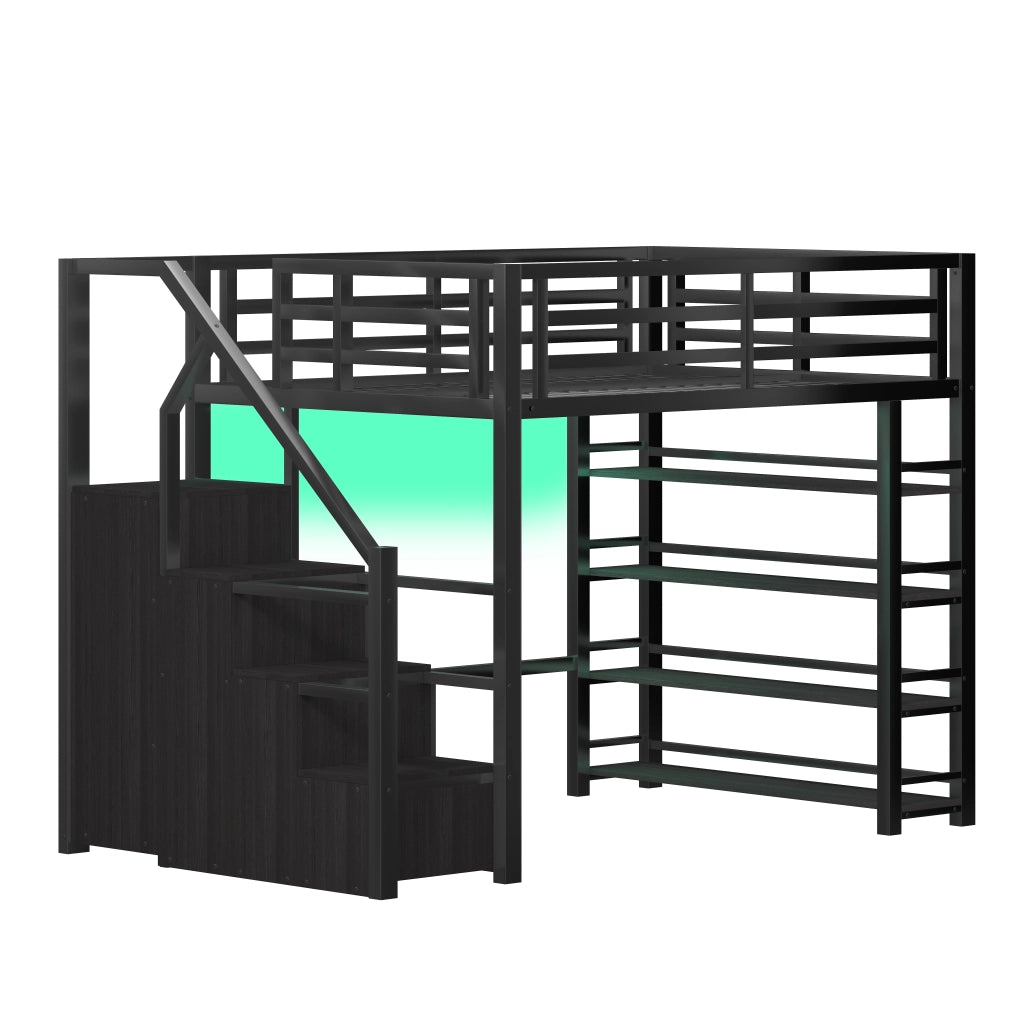 Letto a soppalco nero salvaspazio con scaffale; armadio e scala contenitore