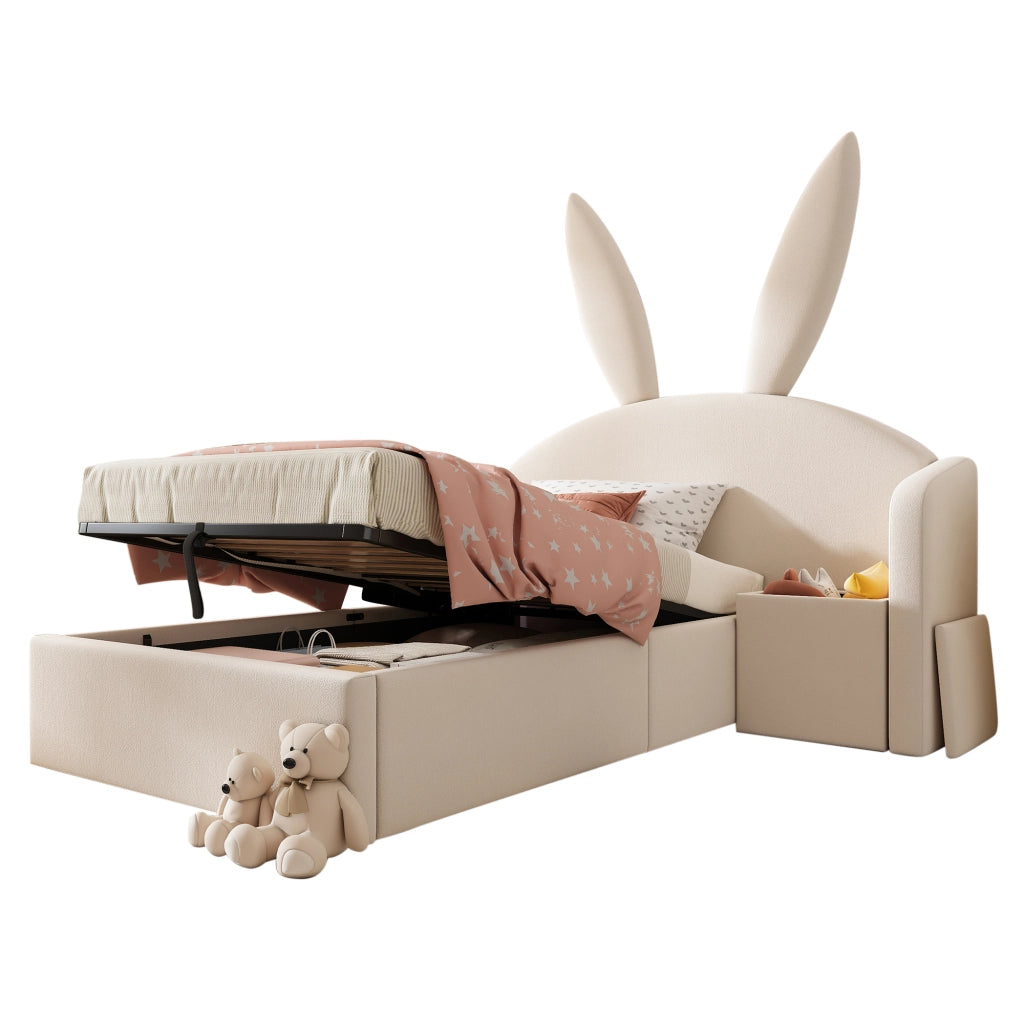 Letto imbottito 90x190 per bambini in velluto beige con testiera a orecchie da coniglio e comodino