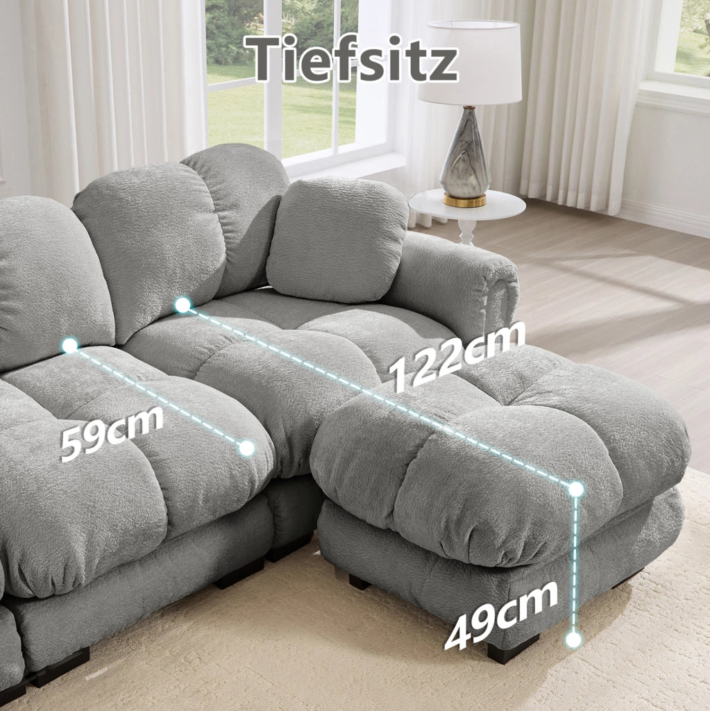 Divano modulare in chenille grigio chiaro 330x86x90 cm con cuscini imbottiti e schienale ergonomico