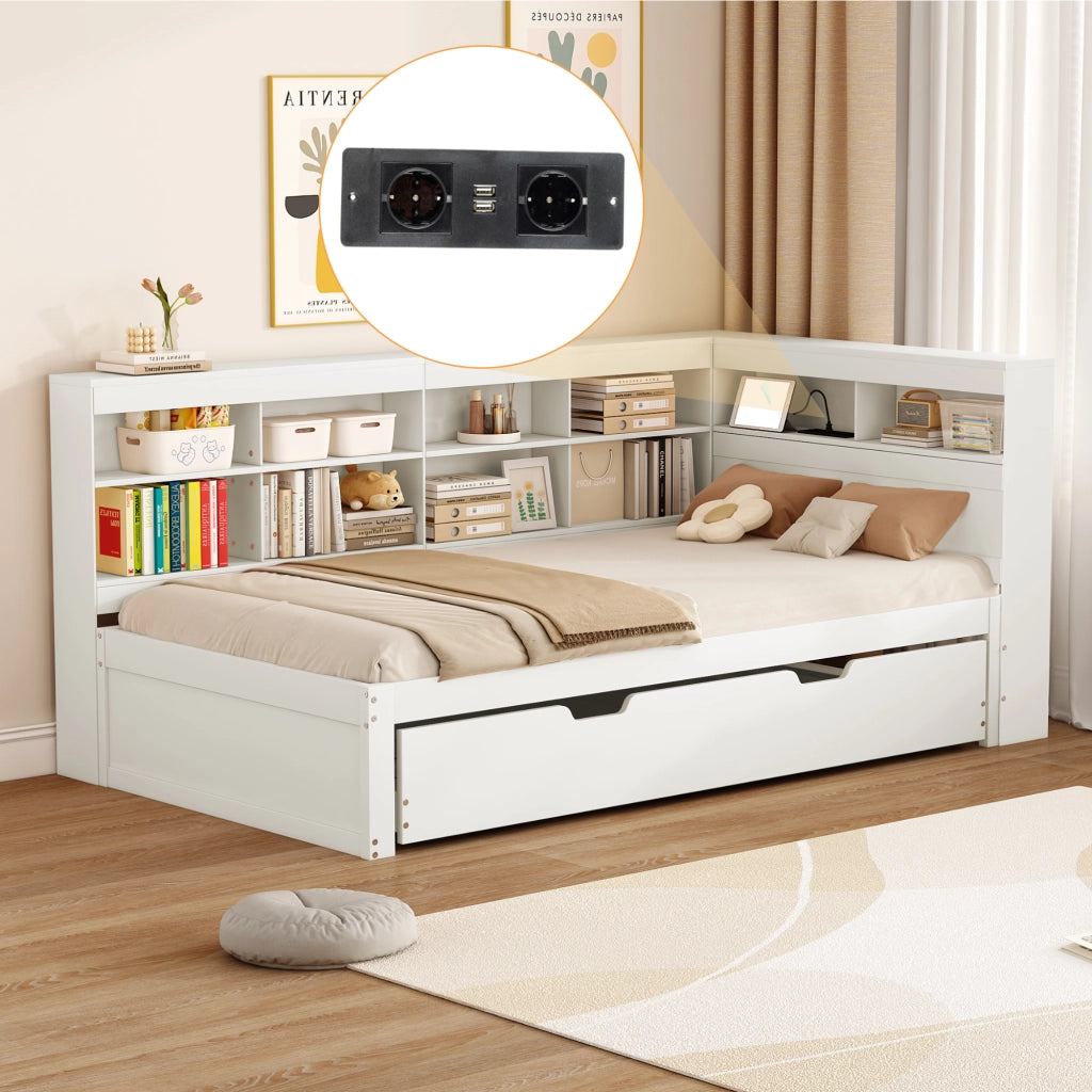 Letto singolo estraibile con presa USB e vani portaoggetti in legno bianco multifunzionale
