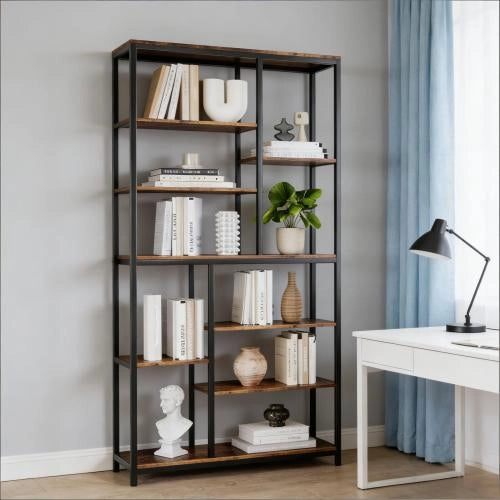 Libreria con ripiani aperti, stile industriale, in metallo, marrone rustico, per soggiorno, 100 × 30 × 200 cm