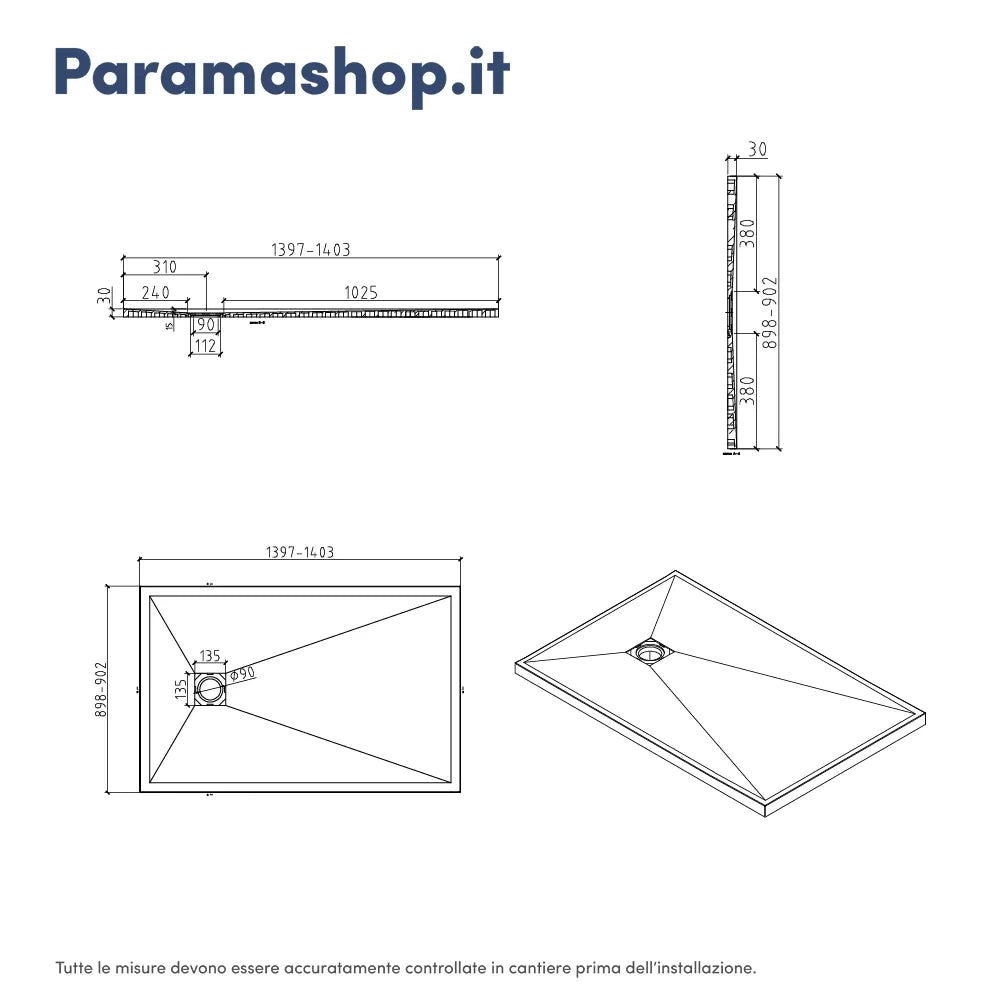 Piatto doccia rettangolare 90x140 cm in marmoresina nero effetto pietra h3 cm | Milos