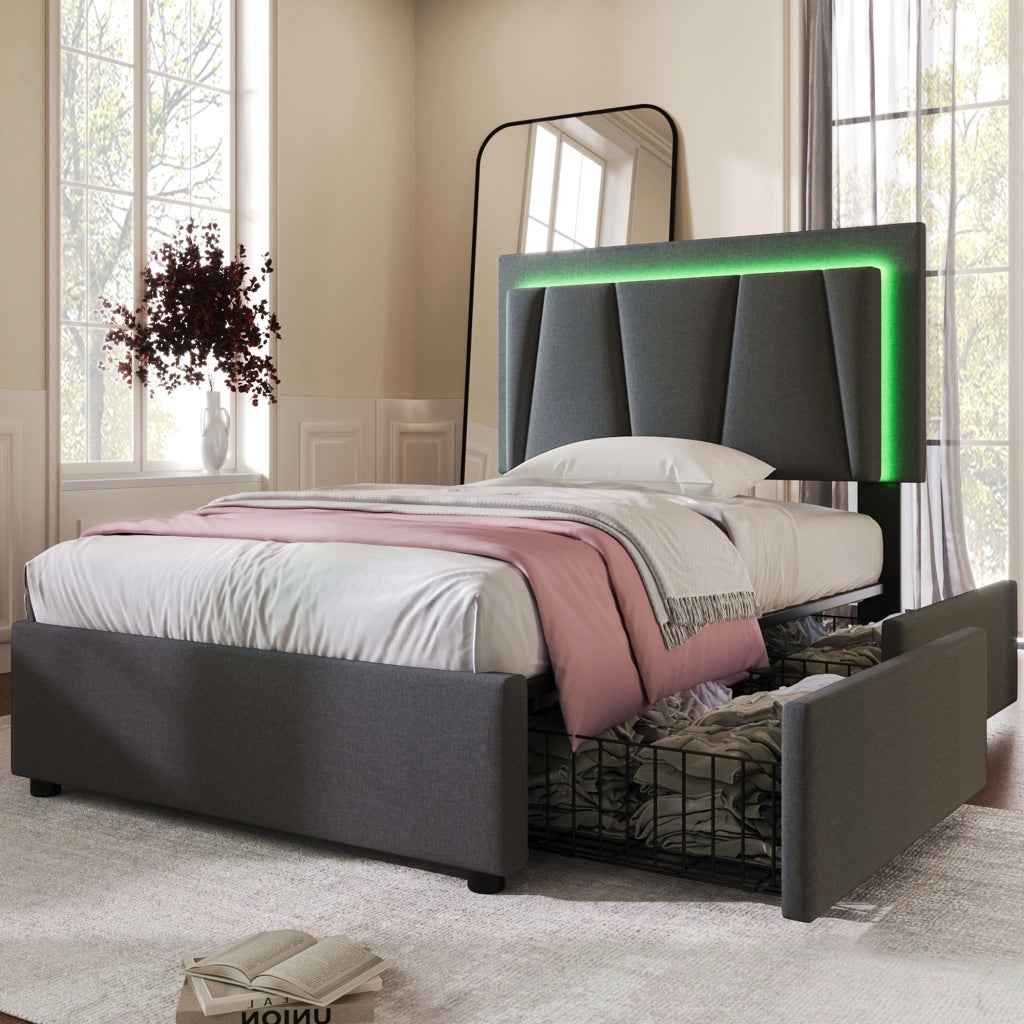 Letto singolo imbottito 90 × 200 cm con LED telecomando due cassetti testiera regolabile grigio