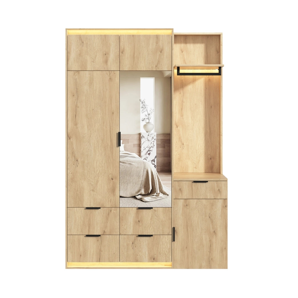 Set guardaroba con armadio 135x47x200 cm in MDF effetto quercia con LED integrati, specchio, 5 cassetti e 2 tubi appendiabiti, colore antracite