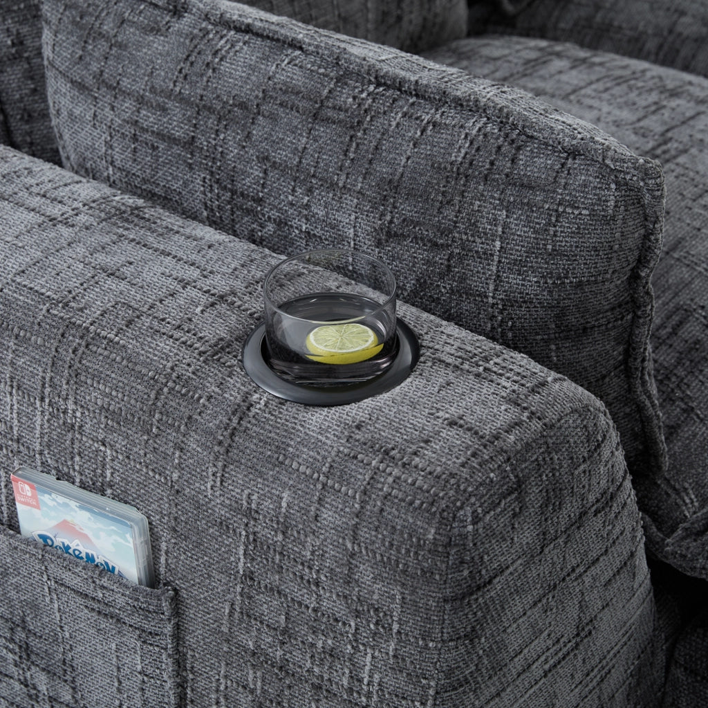 Divano modulare 4 posti in tessuto chenille grigio con schiuma e molle, 2 pouf, cuscini, portabicchieri e 2 tasche laterali