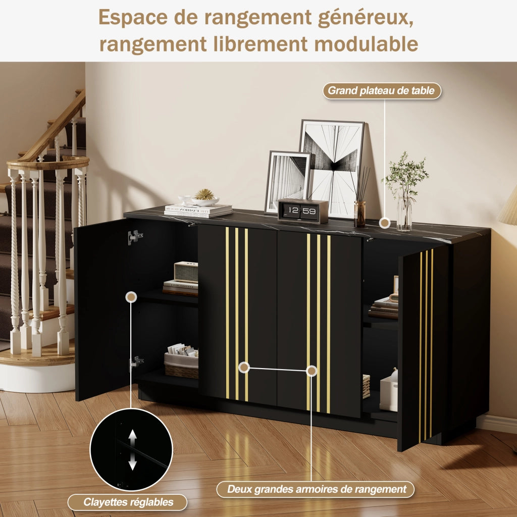 Madia con 4 ante e divisori regolabili in truciolato nero e oro con piano effetto pietra 35 × 140 × 70 cm