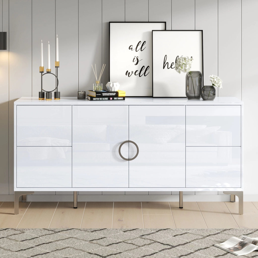 Credenza bianca lucida 150 cm con 4 cassetti e 2 ante