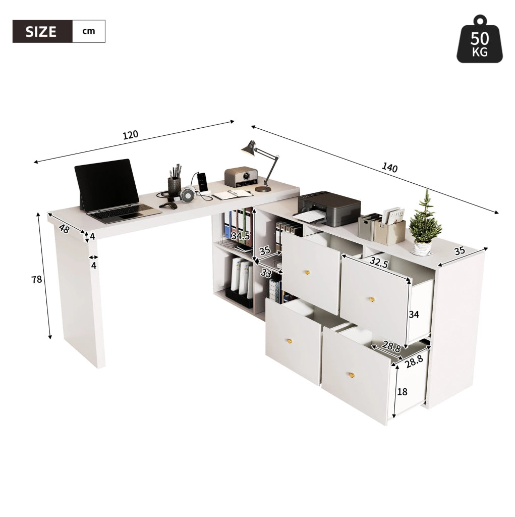 Scrivania angolare 140x120x78 cm in MDF bianco， girevole a 360°， con contenitori