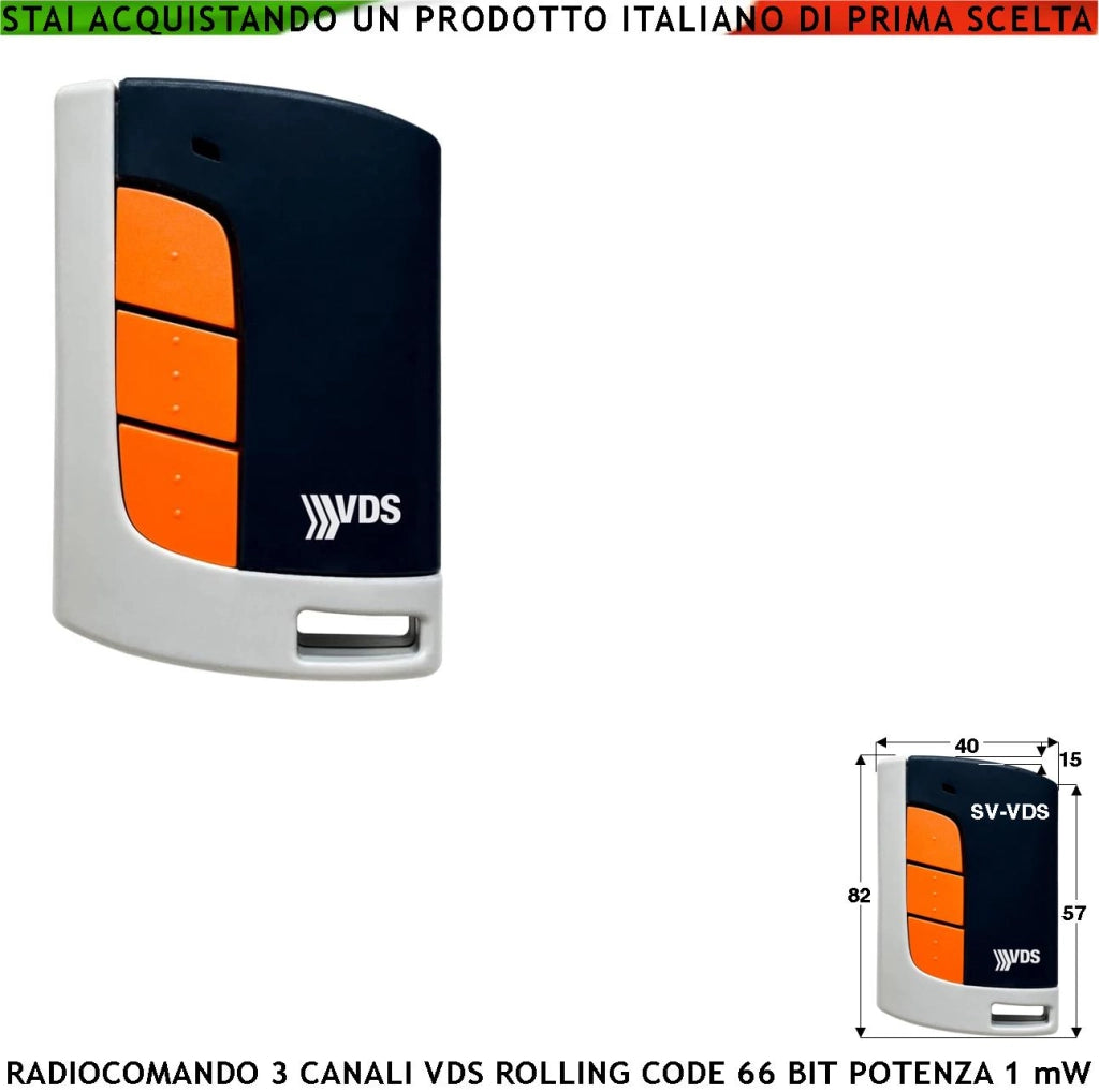 Telecomando Radiocomando 3 Canali Frequenza 433,92 MHz Potenza 1 mW Portata Libera 60/100 MT Codice Sicurezza VDS Rolling Code 66 Bit Batteria 12 V 23A Contenitore ABS Tre Colori Tasti Numerati