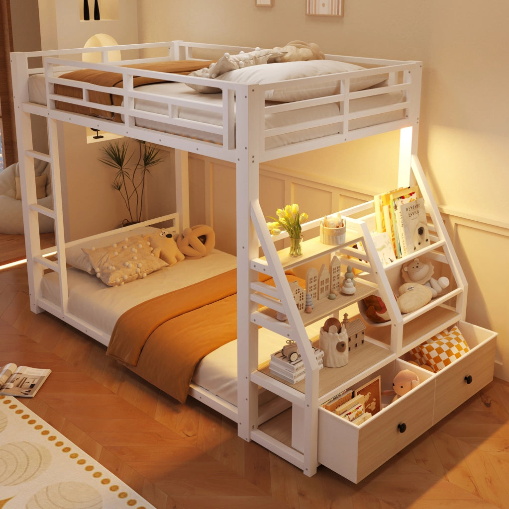 Letto a castello 90x200 cm in legno e metallo bianco con LED e 2 cassetti