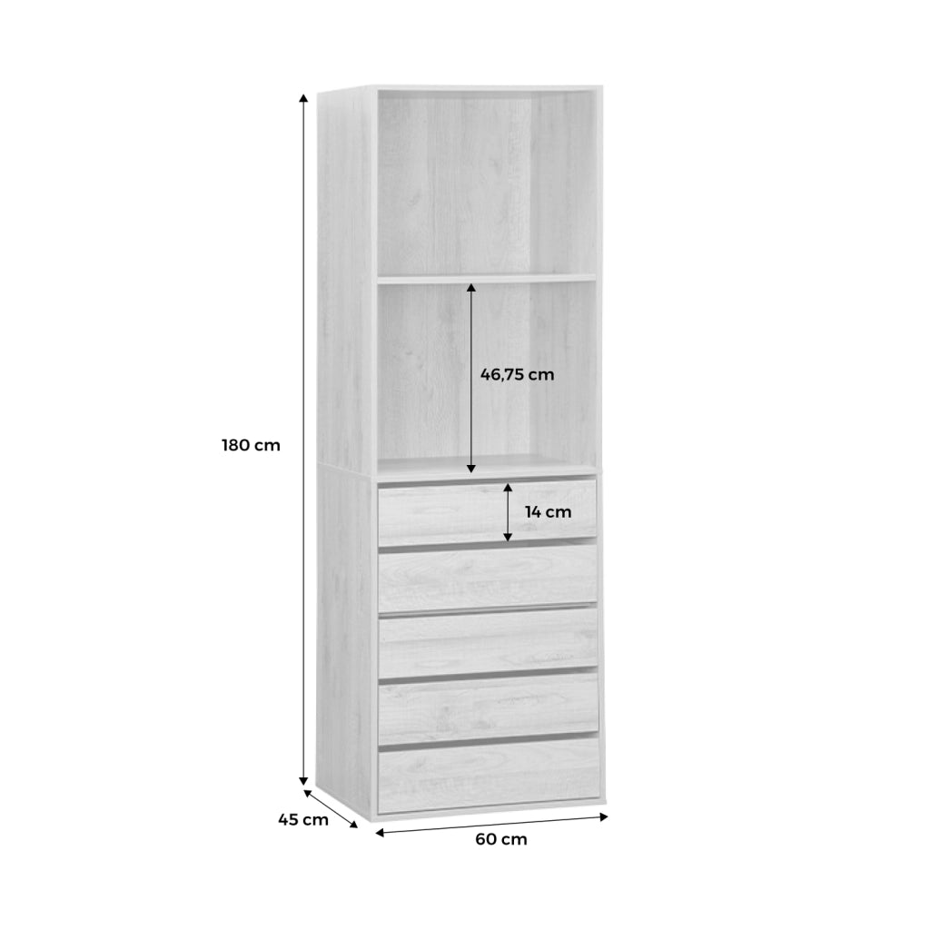 Modulo guardaroba decorazione legno 5 cassetti 2 ripiani, noce
