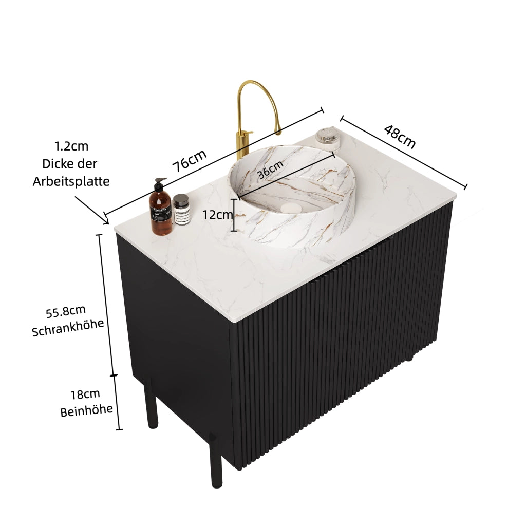 Mobile sottolavabo con lavabo in ceramica, 2 ante ammortizzate, per bagno, piano in pietra sinterizzata, nero e bianco