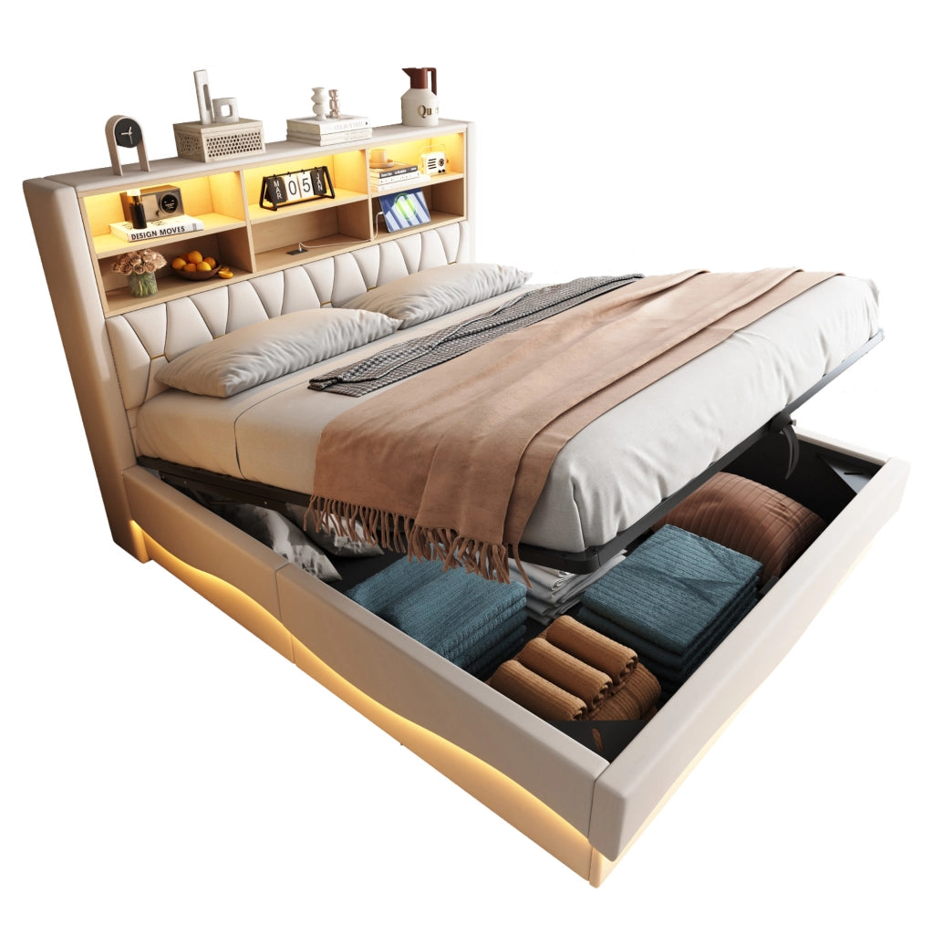 Letto contenitore 180x200 cm in lino e metallo beige con LED e USB, senza materasso