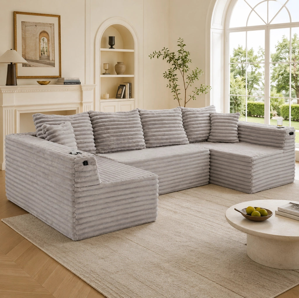 Divano modulare a U in corduroy grigio chiaro 320x155x88 cm; con portabicchieri e tasca laterale