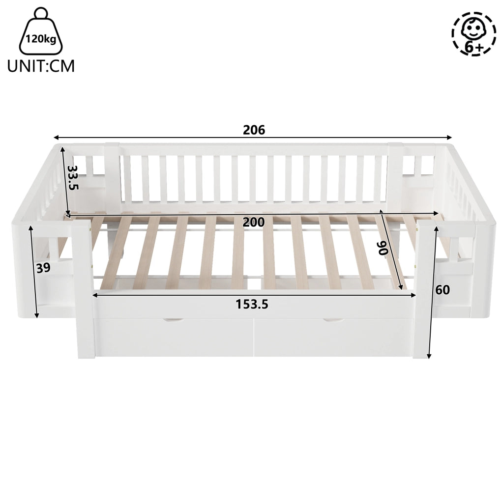 Letto a piattaforma 90x200 cm con sponde alte e due ampi cassetti, bianco