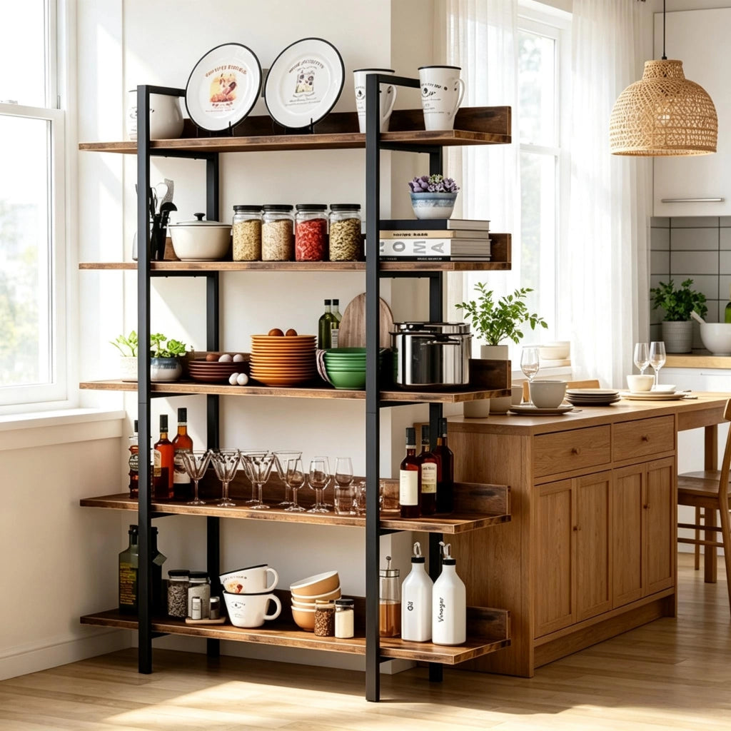 Libreria a 5 ripiani con struttura in metallo e pannelli in legno nero e marrone rustico 105 × 33 × 180 cm