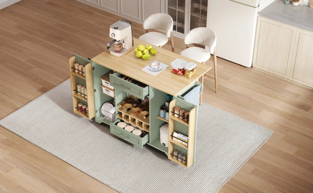 Carrello da cucina con piano ribaltabile, isola su ruote con portabottiglie, bicchieri, spezie e asciugamani, 120x45/70x92 cm, verde