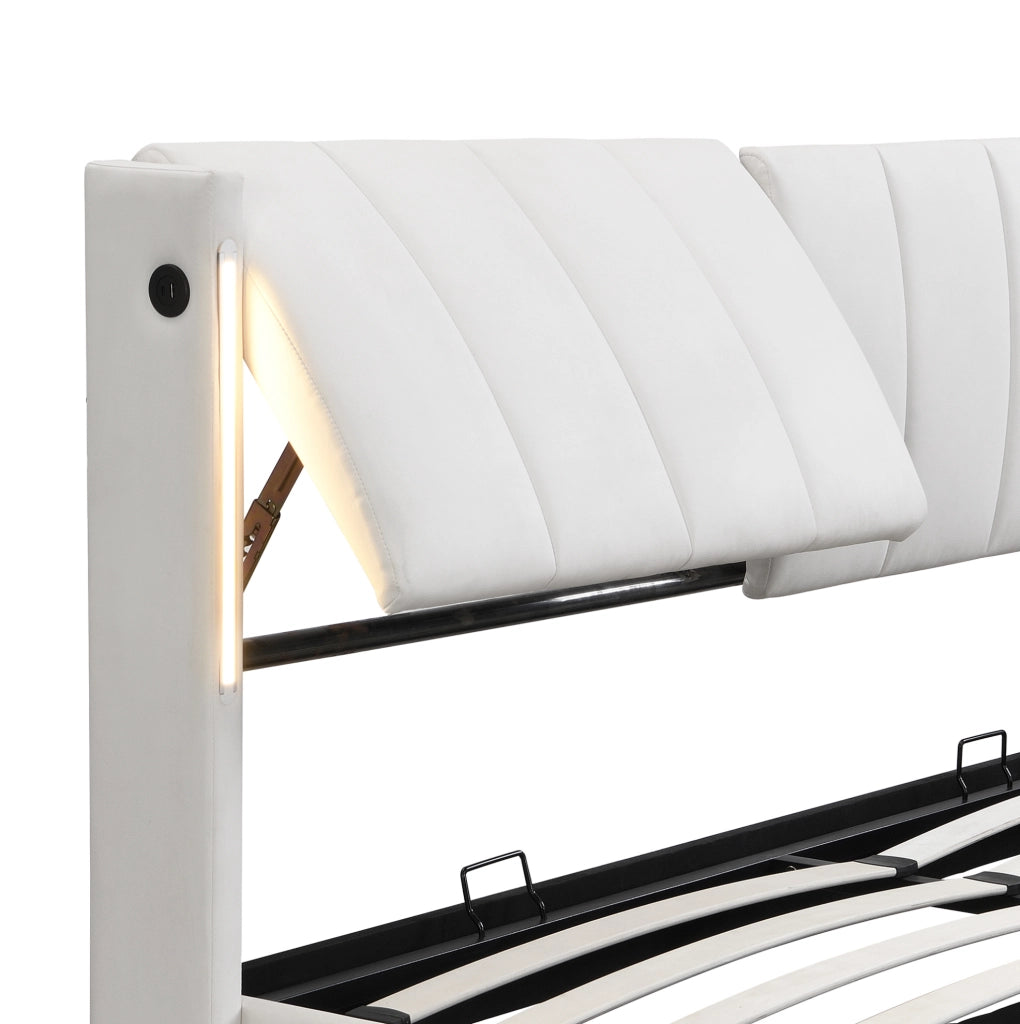 Letto imbottito LED 160x200 cm con contenitore, schienale regolabile, USB ricaricabile e rivestimento in PU bianco