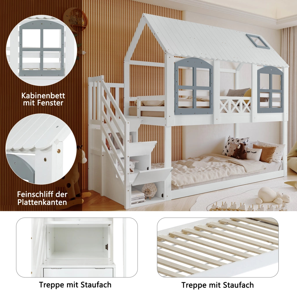 Letto a castello per bambini 90x200 cm in pino e MDF; a casetta con tetto; finestre e scala contenitore; bianco e grigio