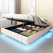 Letto imbottito 140x200 cm con contenitore e LED; beige
