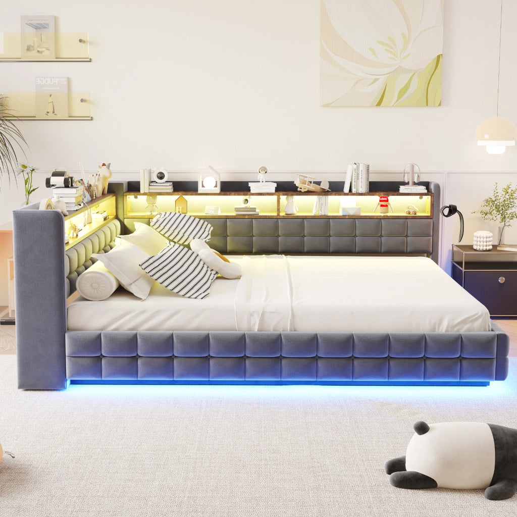 Divano letto multifunzionale in velluto grigio scuro 140x200 vano ripiano LED USB