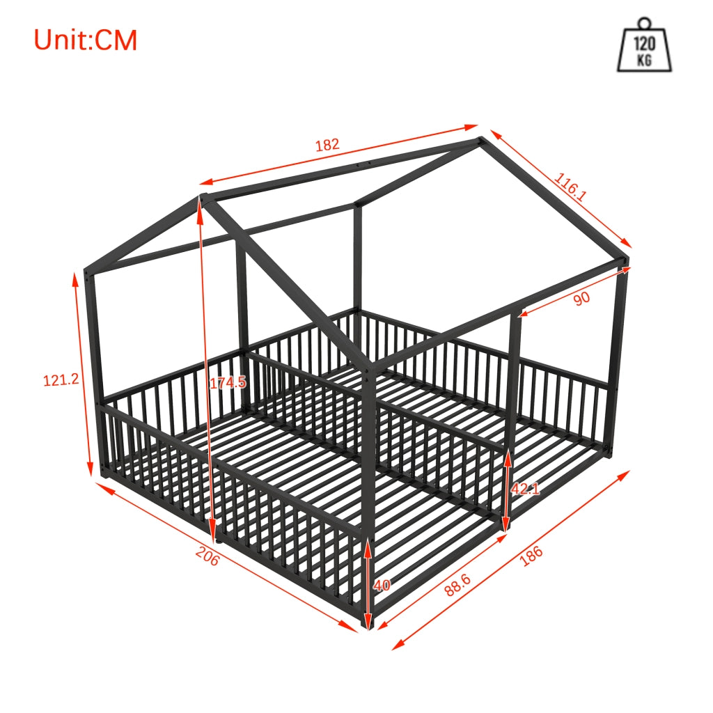 Letto a castello per bambini 90×200 cm 2 posti con scala; barriere e struttura a casetta; senza materasso; nero