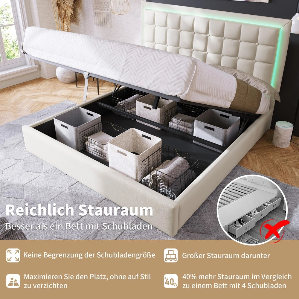 Letto Contenitore Imbottito con LED ¨C MINIMAL ¨C Similpelle Bianco 180x200