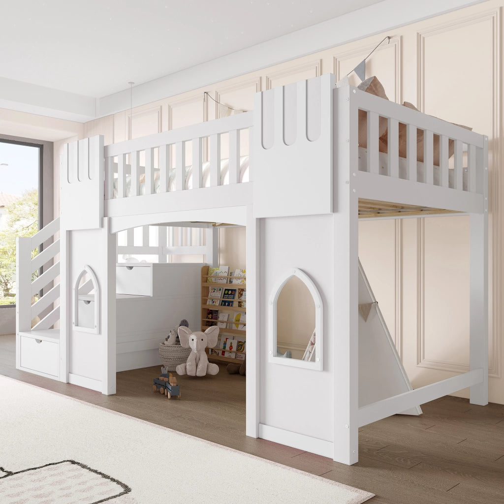 Letto a soppalco 90 x 200 cm con scala contenitore e 2 finestre, letto per bambini in legno bianco con sponde di sicurezza, area gioco e rete a doghe