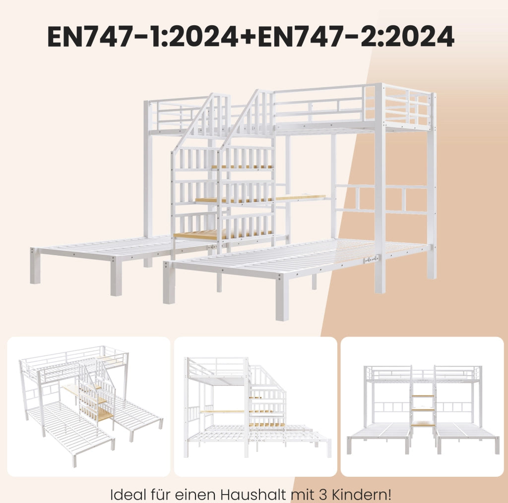 Letto a castello 90x200 cm in metallo e MDF con LED; scrivania; USB e presa; bianco