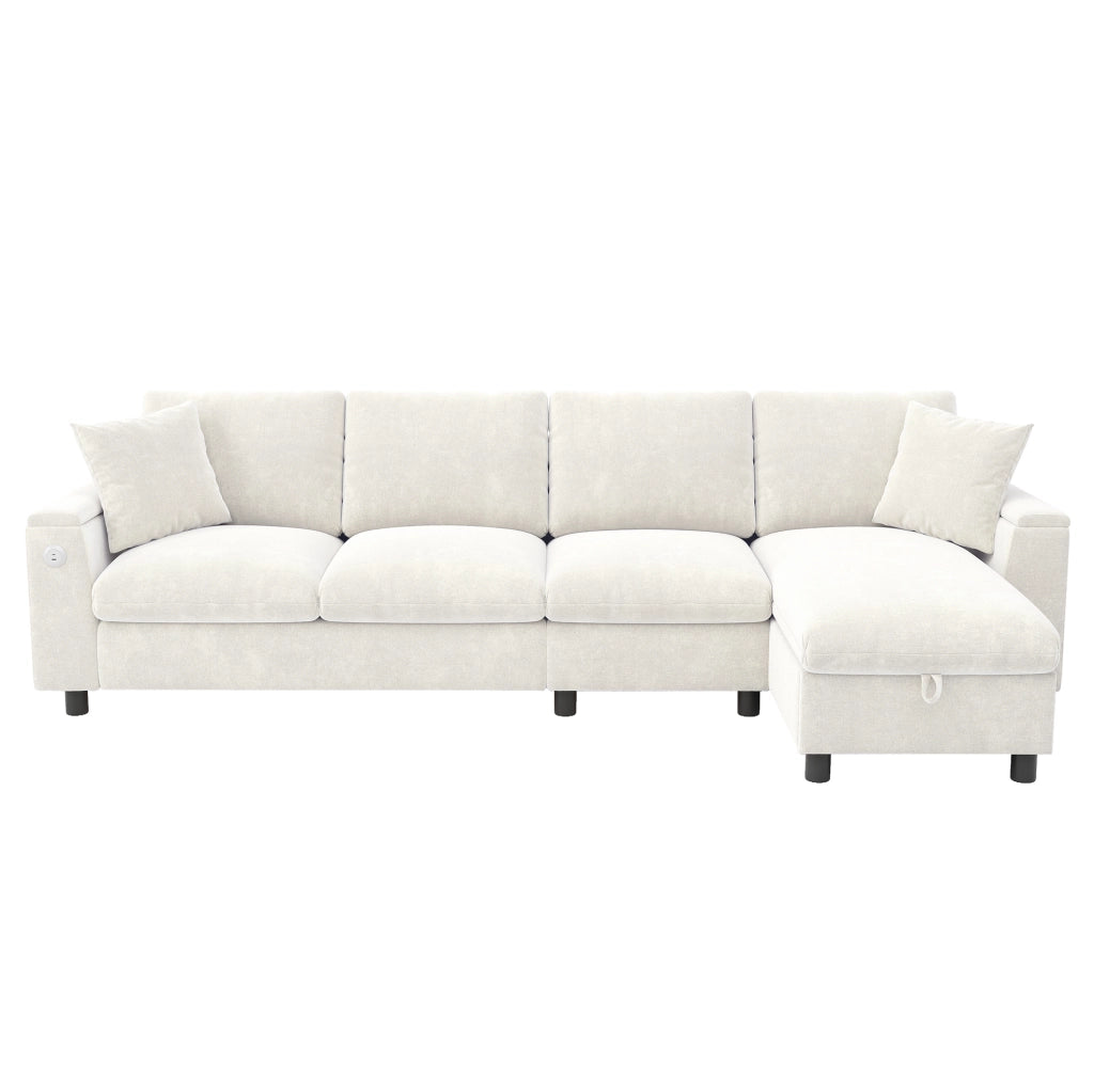 Divano letto angolare reversibile in ciniglia beige con tavolino; USB e Type-C